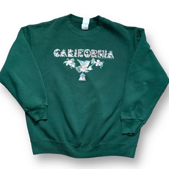 Vintage 90s Hunter Green California Hummingbird Crewneck Sweatshirt Drop Sleeves - Picture 1 of 10